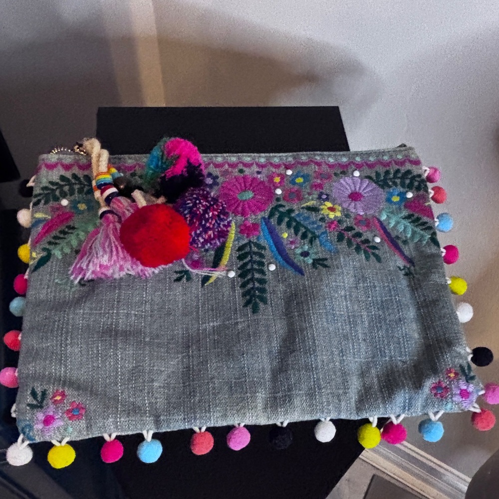 Madden Gray and Pink Clutch with Pom Poms